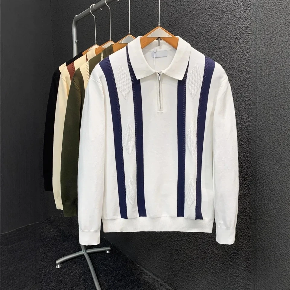2025 Autumn New Men Turn Down Collar Zipper Polo Shirt Long Sleeve Striped Warm Business Casual Versatile Top