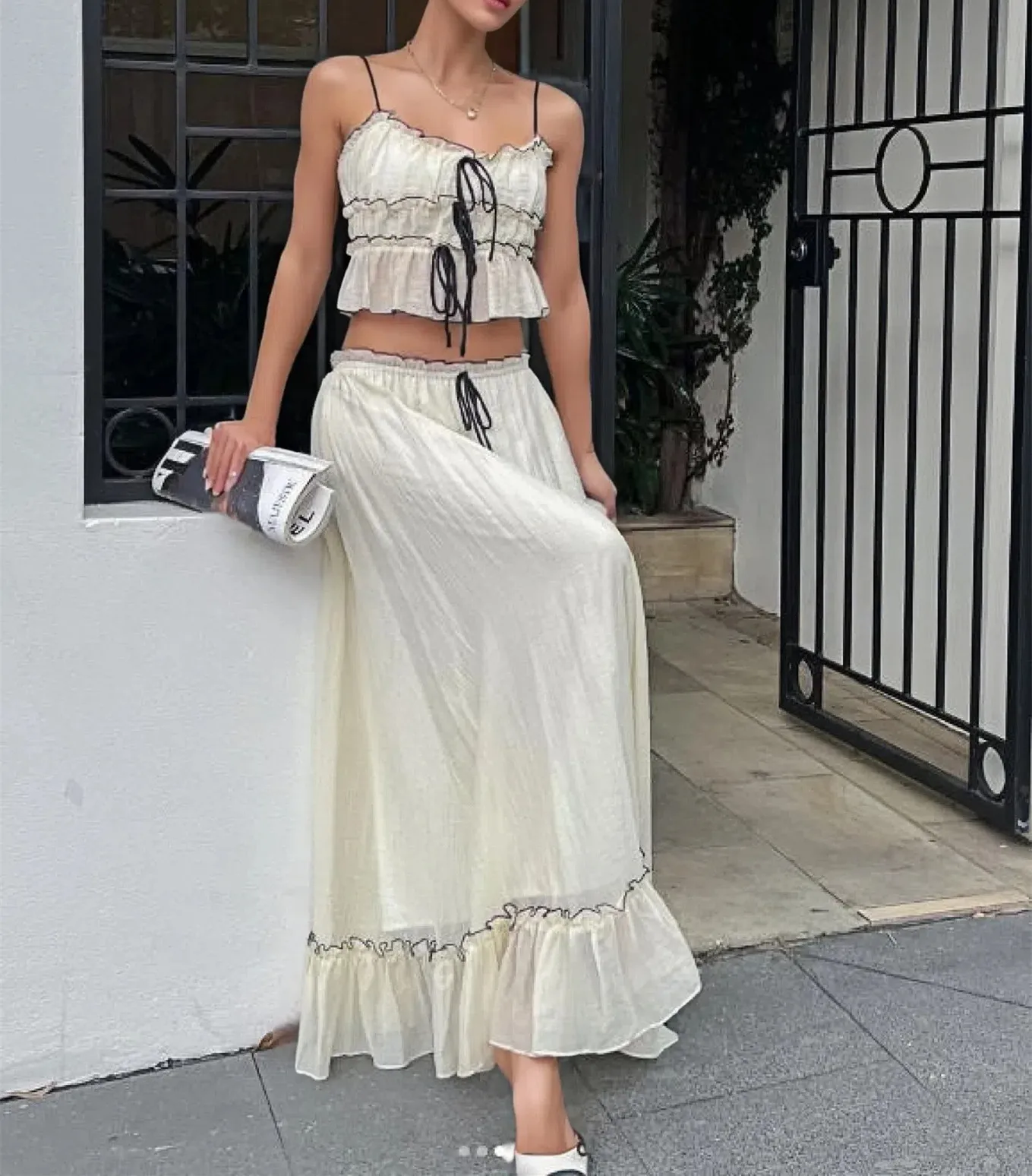 

Fashion Sexy Sleeveless Spaghetti Strap Strapless Solid Color Slim Fit Camisole Tank Top + Ankle-Length Elastic Waist Skirt Set