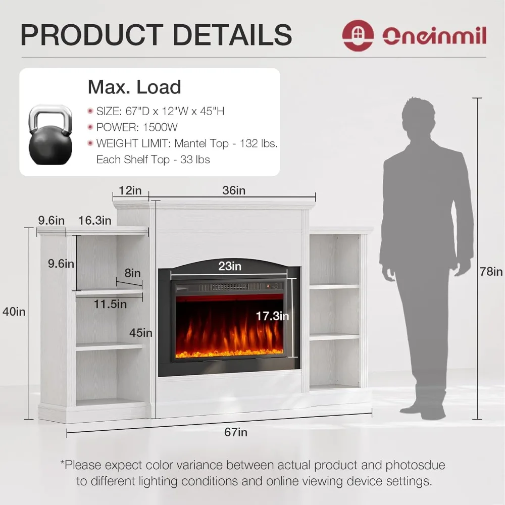 Cheminée électrique avec cheminée de 67 ", support TV avec étagères de rangement, 23 emplacements de feu multifonctions, chauffage à insertion
