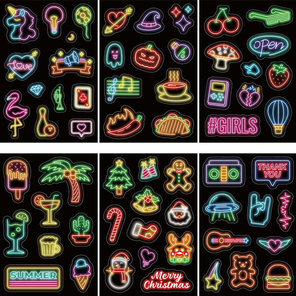 

8/16sheets Fun Neon Light Cartoon Stickers Decals for Kids Toy DIY Motorcycle Bike Laptop Phone Cool Graffiti Sticker Decoration