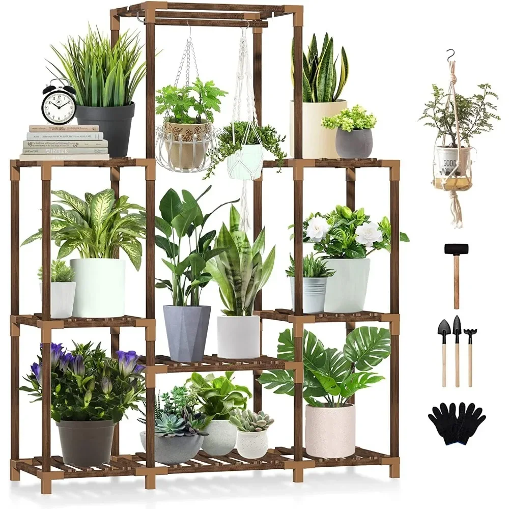 Uneedem Plant Stand Indoor Outdoor Tall Shelf for Multiple Plants 8 Tiers 12 Pot Large Rack Pine Wood Corner Plant