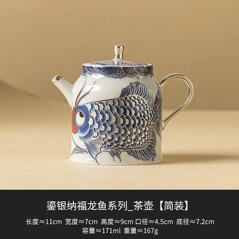 Hand Painted 999 Silver 1 Pot 2 Cups Outdoor Portable Travel TeaSet Nafu Arowana KungFu TeaSet High-end Light Luxury Teapot Gift