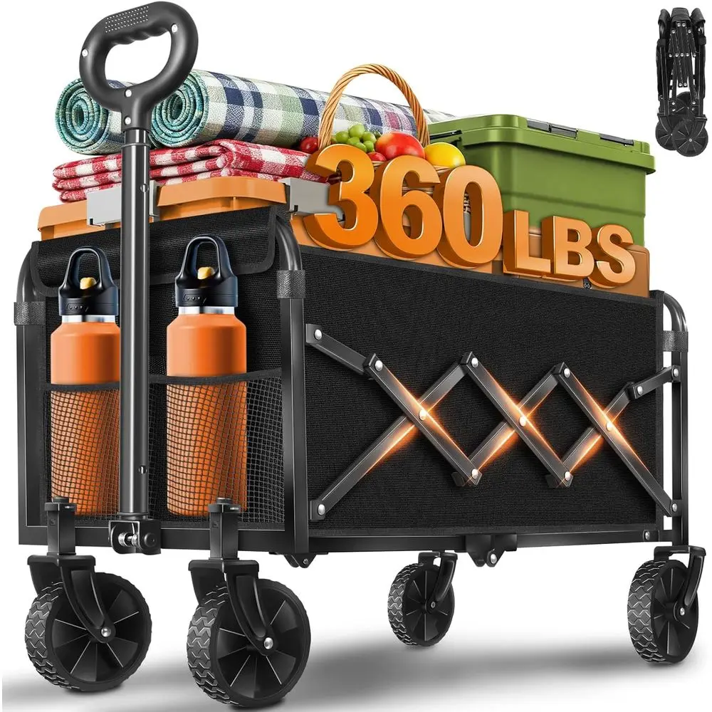 

Collapsible Wagon Cart, Portable Folding Wagon with Wheels, Utility or Camping, Beach, Grocery, Shopping, Sports, Garden (Classi