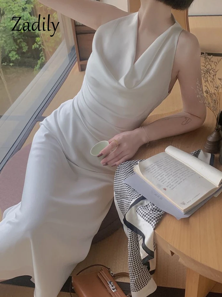 Zadily 2023 Summer French Style Sleeveless Women Long Dress Elegant White Slim Empire Satin Ladies Party Dresses