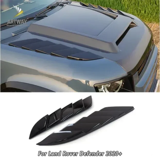 New！ 2pcs/Set ABS Bright Black For Land Rover Defender 110 90 2020 2021 2022 2023 Front Bonnet Engine Hood Vent Trim Cover