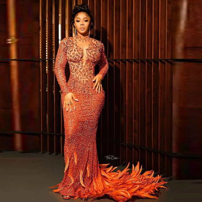 Orange Sequined Mermaid Prom Dresses Saudi Arabia Long Sleeves Feather Evening Gowns African Women Wedding Party Dress