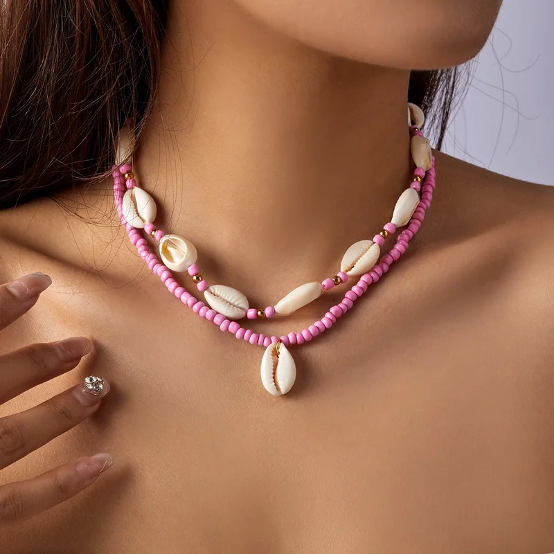 Simple Rice Beads Seashell Pendant Necklace for Women Colorful Handmade Jewelry Summer Beach Choker Neck Chain Gift Collar