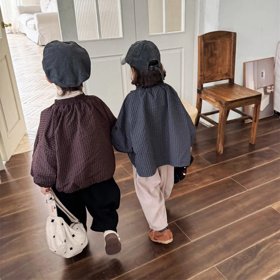 

Childrens Trendy Plaid Jacket 1-7 Years Autumn Korean Loose Boys O-neck Zipper Coat Kids Short Jackets Girls Baby Outwear Tops