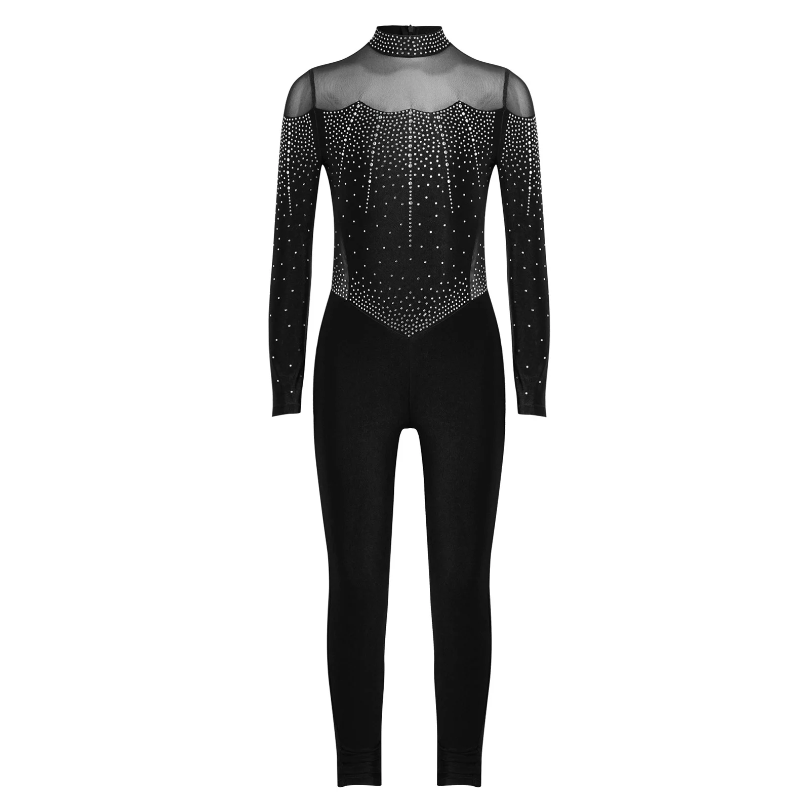 ชุดบอดี้สูทเต้นบัลเลต์ ยิมนาสติก สำหรับเด็กผู้หญิง ประดับคริสตัล ชุดสเก็ต ชุดเต้นรำแขนยาว ผ้าตาข่ายบาง