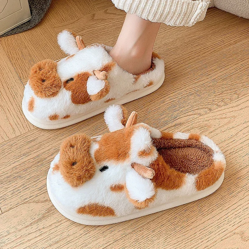 Casual Fluffy Slippers Women House Cute Cartoon Cow Designer Shoes Girl Flat Fashion Elegant Plush Winter Platform Footwear Home image 3