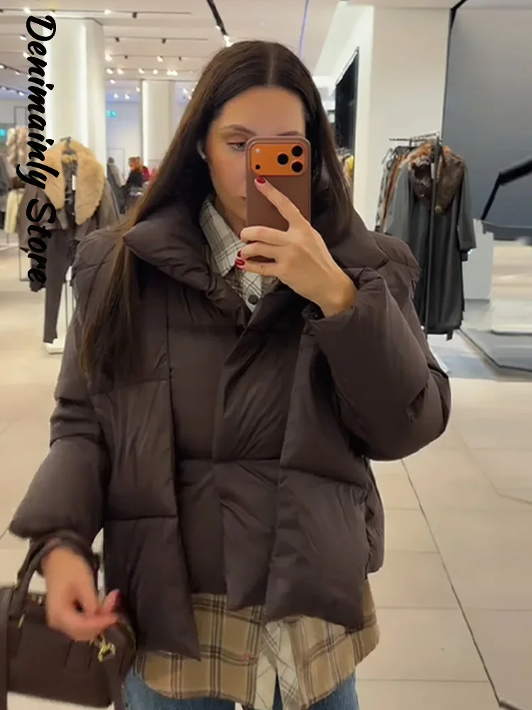 

Fashion Detachable Scarf Collar Hooded Cotton Coats Women Solid Puffy Zipper Pocket Warm Jackets 2025 Winter Lady Outwear New