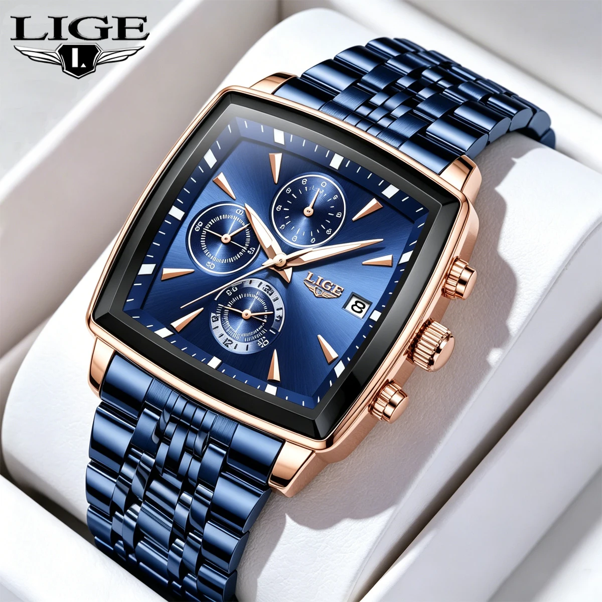 

LIGE Luxury Square Dial Men Quartz Wristwatch Fashion Stainless Steel Man Business Watches With Calendar Reloj Hombre Box