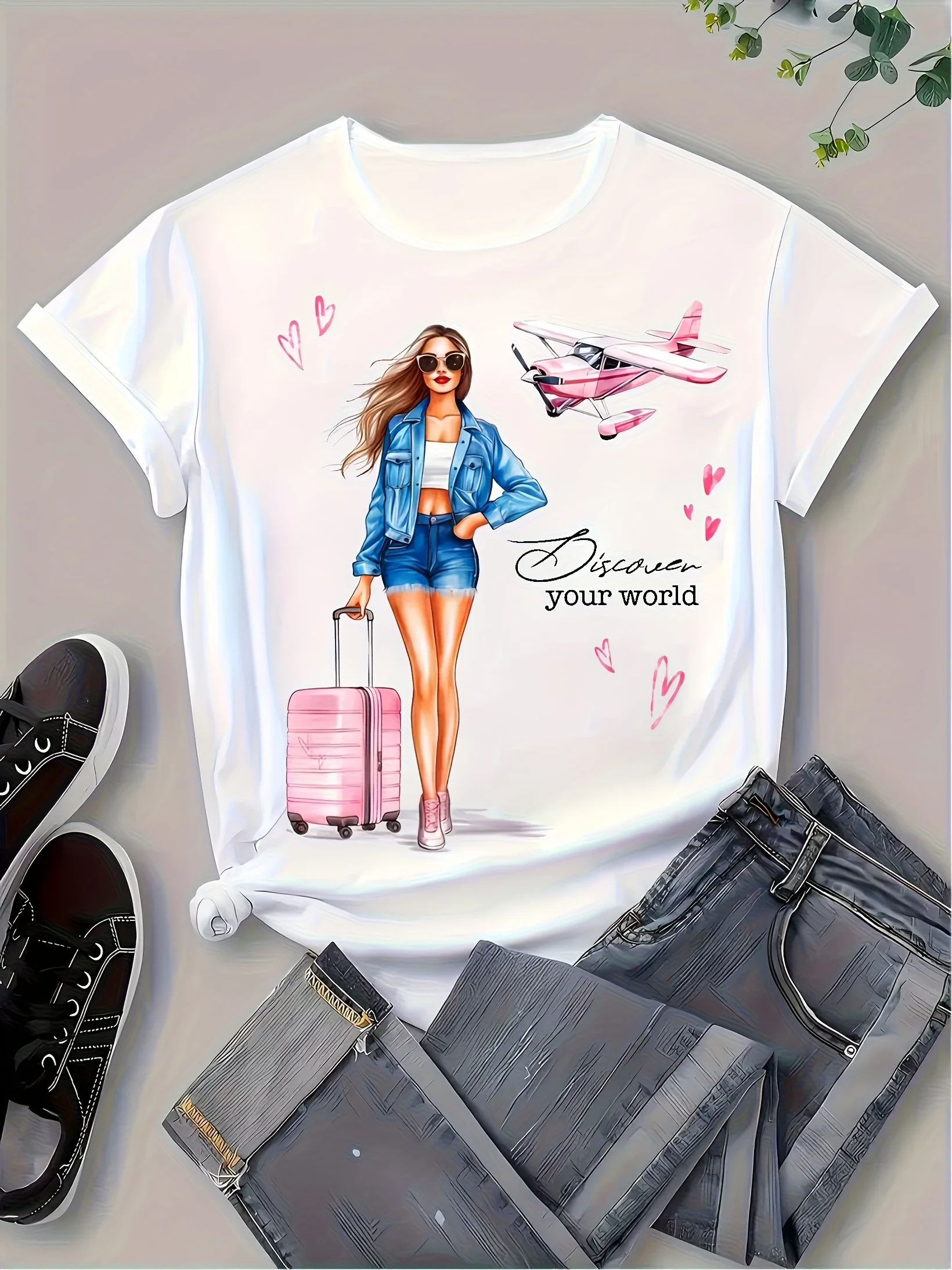 

Women's Casual Graphic Print Sleeve Crew Neck Summer Top with Airplane Hearts Design "Dream Your World" Quote Aesthetic Clothes