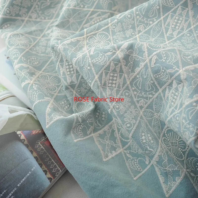 Flower Embroidery Cotton Hemp Fabric Sofa Pillow Cover Table Fabric Handmade DIY Fabric By the meter