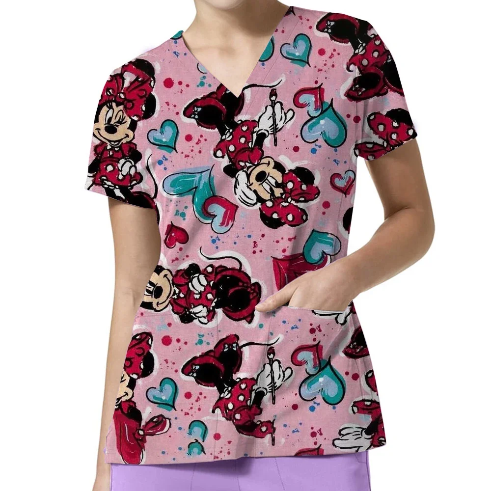 

Disney Princess Nurse T Shirt Women Uniform V Neck Pocket Top Kawaii Street Wear Summer Short Sleeve Y2k Fashion Tee