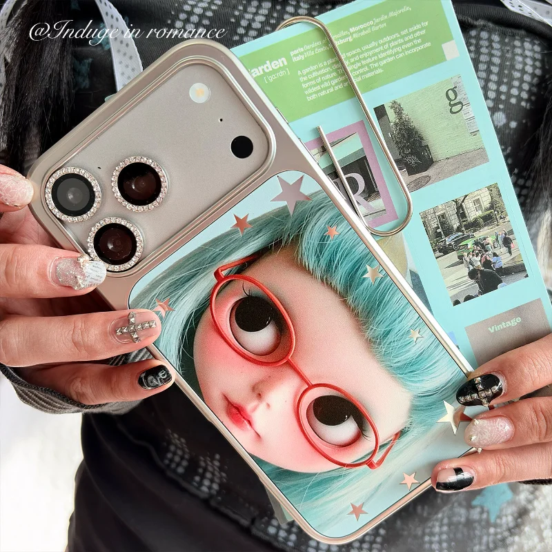 Ins-Style Niedliche Retro-Brillen-Mädchen Silberstern-Kante Epoxy Anti-Sturz Handyhülle für iPhone XR/11/12/13/14/15/16/17 ProMax