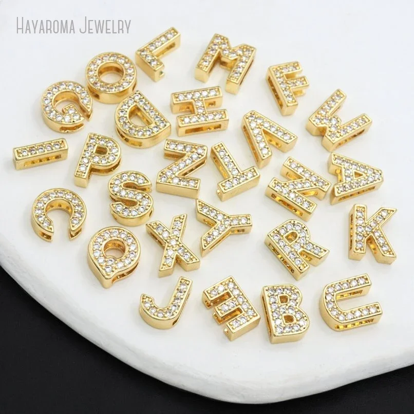 

10Pcs Alphabet Letter Copper Invisible Setting Gold Color Full Hole Wholesale Metal Cubic Zirconia Bead