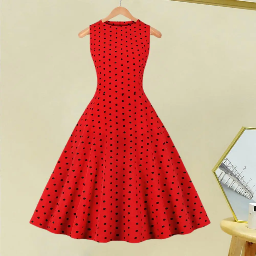 

O Neck Prom Dress Elegant Dot Print Midi Dress for Women A-line Silhouette Retro Back Zipper for Prom Banquet Summer Parties