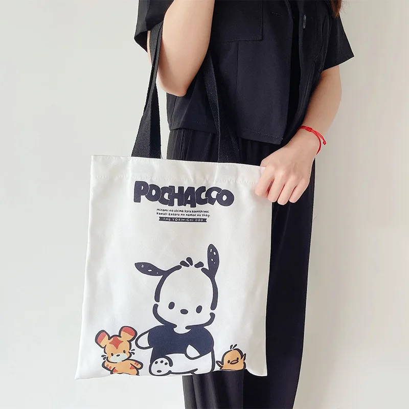 Bolso de hombro de Anime Sanrio Pochacco, bolsa de lona Kawaii de alta capacidad, bonito patrón, belleza, estudiante, almacenamiento, viaje,