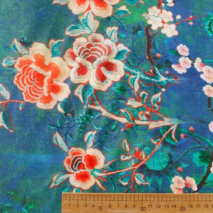1yard Green background with red flowers tela high quality pure ramie fabric dress shirt bag cheongsam fabric for clothing