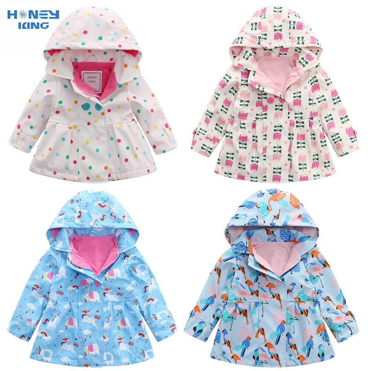 

HONEYKING PU Waterproof Coat For Girl Baby Trench Coat Kids Baby Girls Jacket Infant Child Fleece Jacket Hooded Outerwear