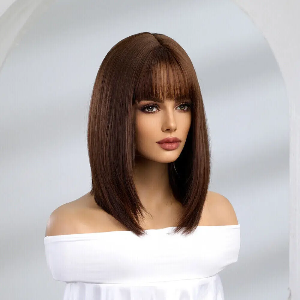 Medium Brown Hairstyles Women's Natural Straight BOB  Wig 14 Inch