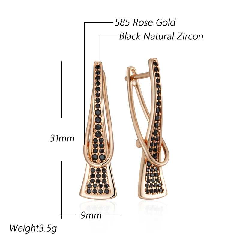 Curve Geometric Full Black Zircon Light Luxury Dangle Earrings 585 Gold Color Women Fashion Matching Gothic Style Jewelry