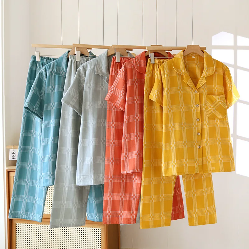 

Summer Female Casual Cartoon Pajama Sets Girl 100% Cotton Sleepwear Suit Women Top Quality Short Sleeve Home Clothes