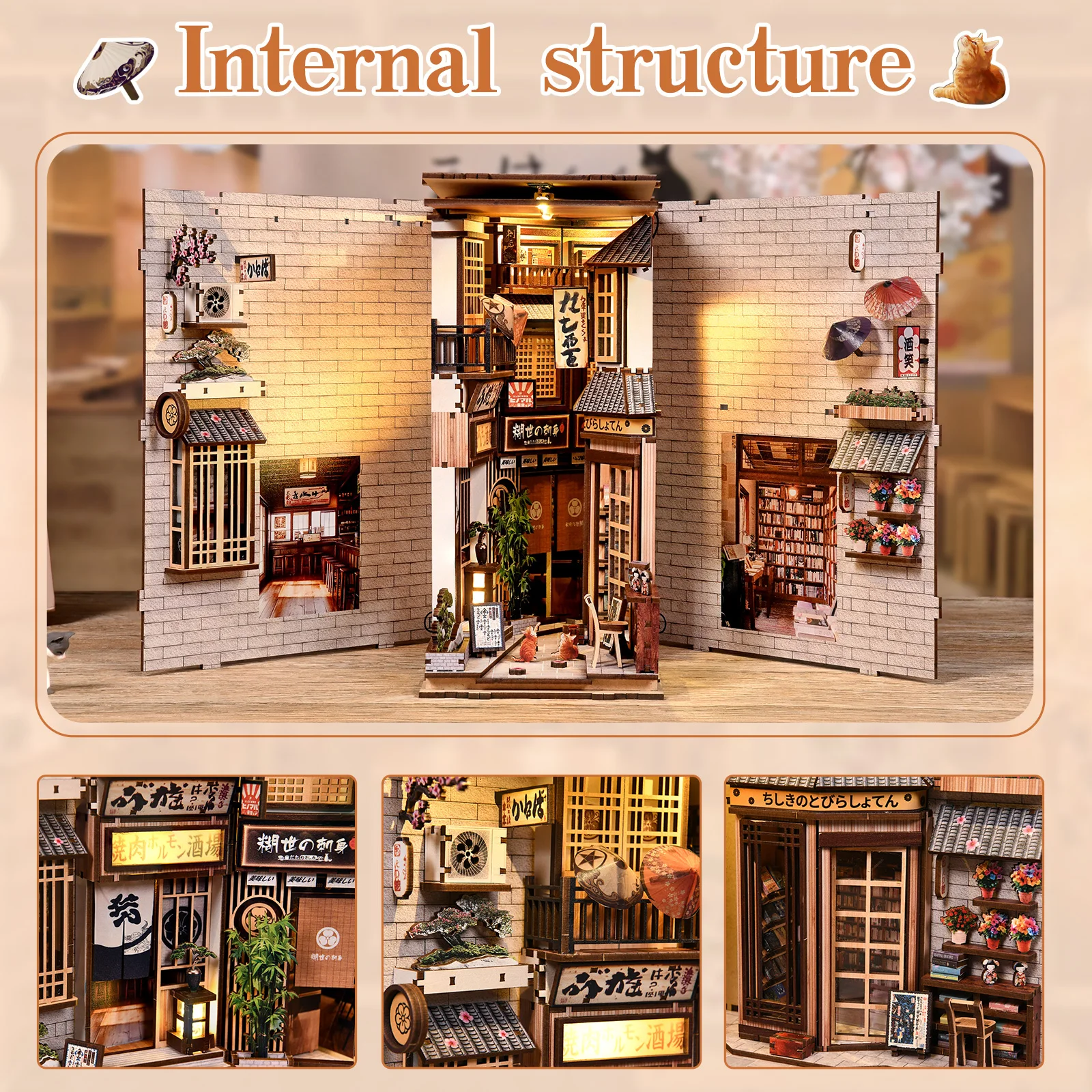 Diy Wooden The Alley Waiting For The Cat Book Nook Shelf Insert Kits Miniature Model Kit Japanese Bookend For Friends Gifts