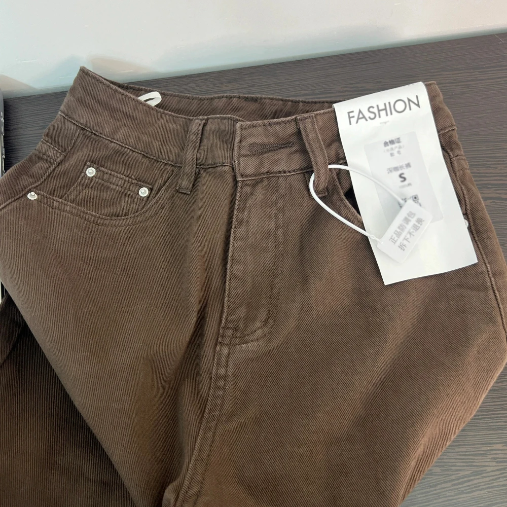 American Retro Brown Denim Trousers for Women Casual Solid Wide Leg Straight Long Jeans Daily All-Matched Commute Pants