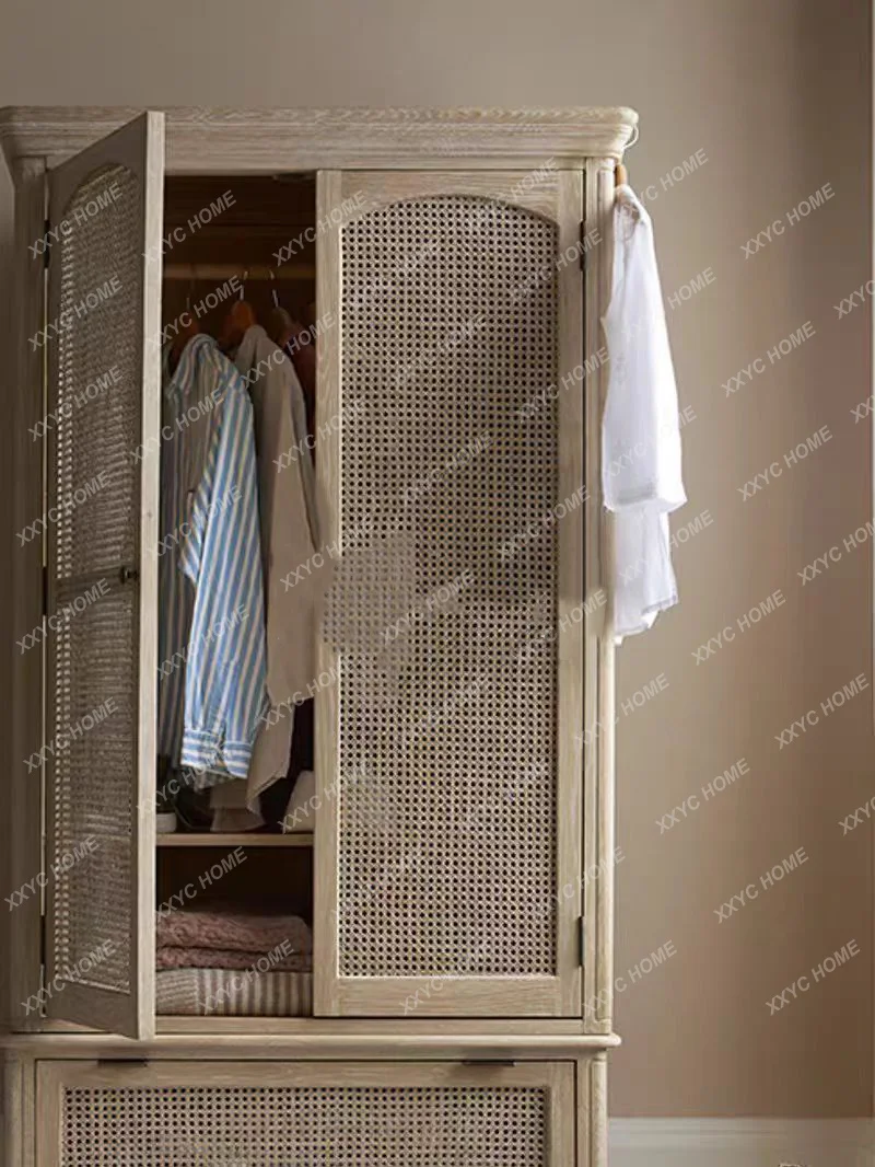 retro solid wood rattan opposite door wardrobe household storage with drawers
