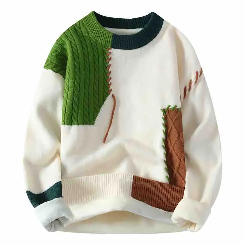 

2026 New men's O-Neck Knit Sweater – Color-Block Patchwork Design with Cable Knit Details, Asian Sizes Winter Pullover.
