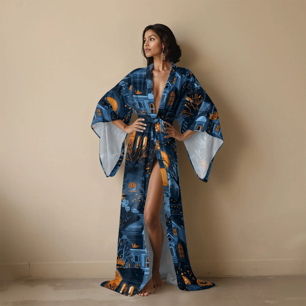Halloween-Kimono-Robe für Damen mit niedlichem Geister- und Kürbismuster, Strand-Vertuschung, Party, Kostüm, Festival, Urlaub, Resort-Kleidung