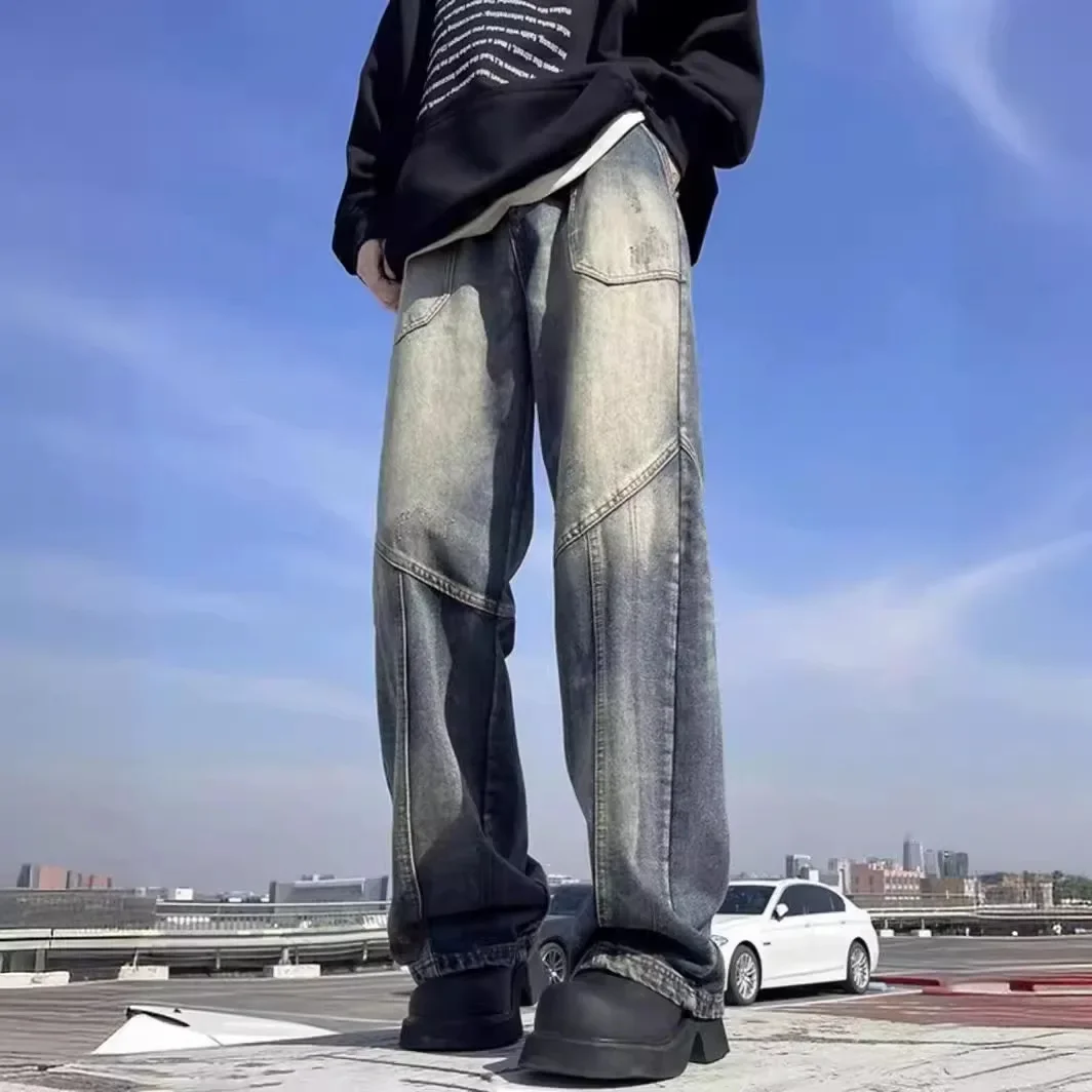 

2025 Spring Autumn Men Baggy Jeans Men Wide Leg Pants Big Pocket Streetwear Trousers Male Loose Denim Pants