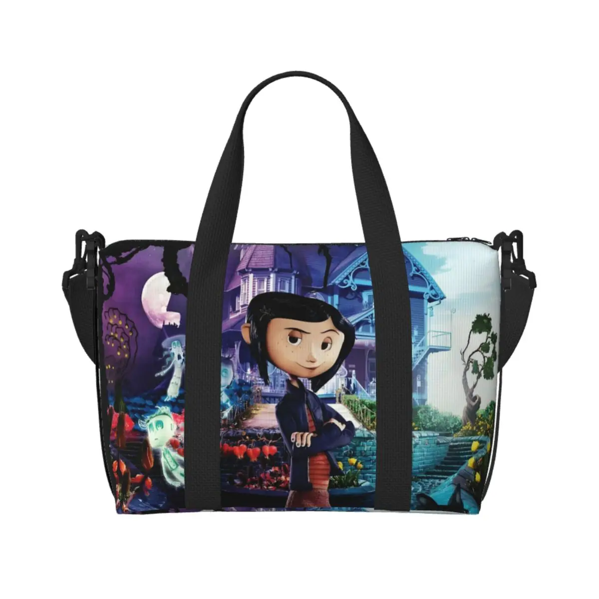

Custom Coraline Twitchy Witchy Girl Beach Tote Bag for Women Extra Large Gym Carry On Halloween Scary Movie Travel Shopping Bags