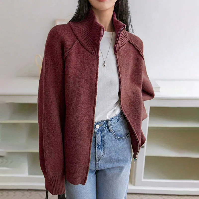 

Y2K American Zipper Knitted Jacket Women Solid Color Stand Collar Warm Cardigan Coat Autumn Trend Oversized Sweater Outerwear