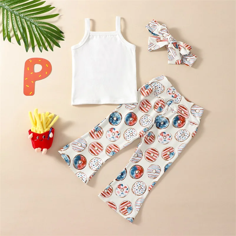 Girls Summer Outfit Set with Sleeveless Camisole Donut Print Flared Pants and Matching Headband for a Stylish Look