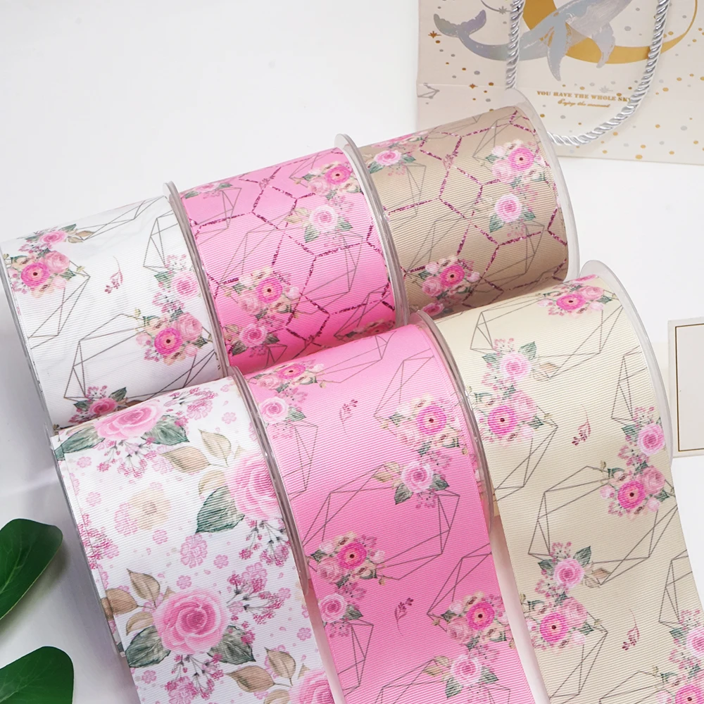 Cinta de grogrén impresa con flores de dibujos animados para manualidades, accesorios de costura, molde de resinas planas, 5 yardas, 10 piezas 54142