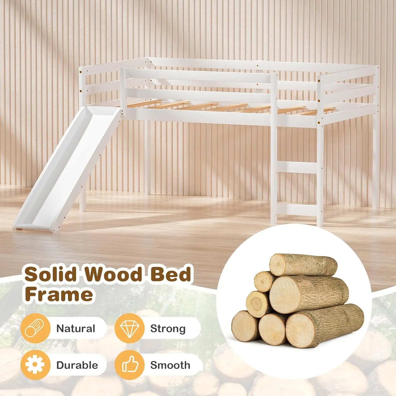 Twin Loft Bed with Slide, Wood Kids Bed for Girls Boys, No Box Spring, White