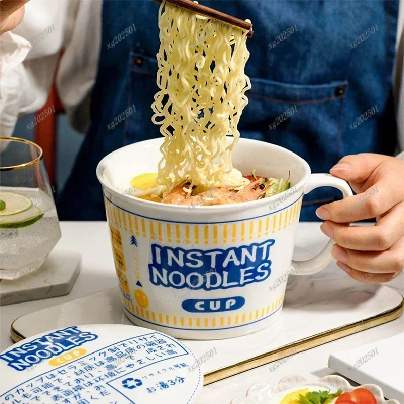 Large Capacity Ceramic Instant Noodle Bowl - With Handle & Lid Cute Japanese Ramen Lunch Cup