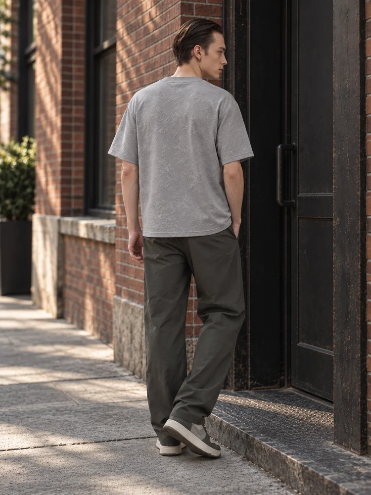 MAZZONNE Men's Gray Textured Crew Neck T-Shirt Contemporary Streetwear Short Sleeve Top H