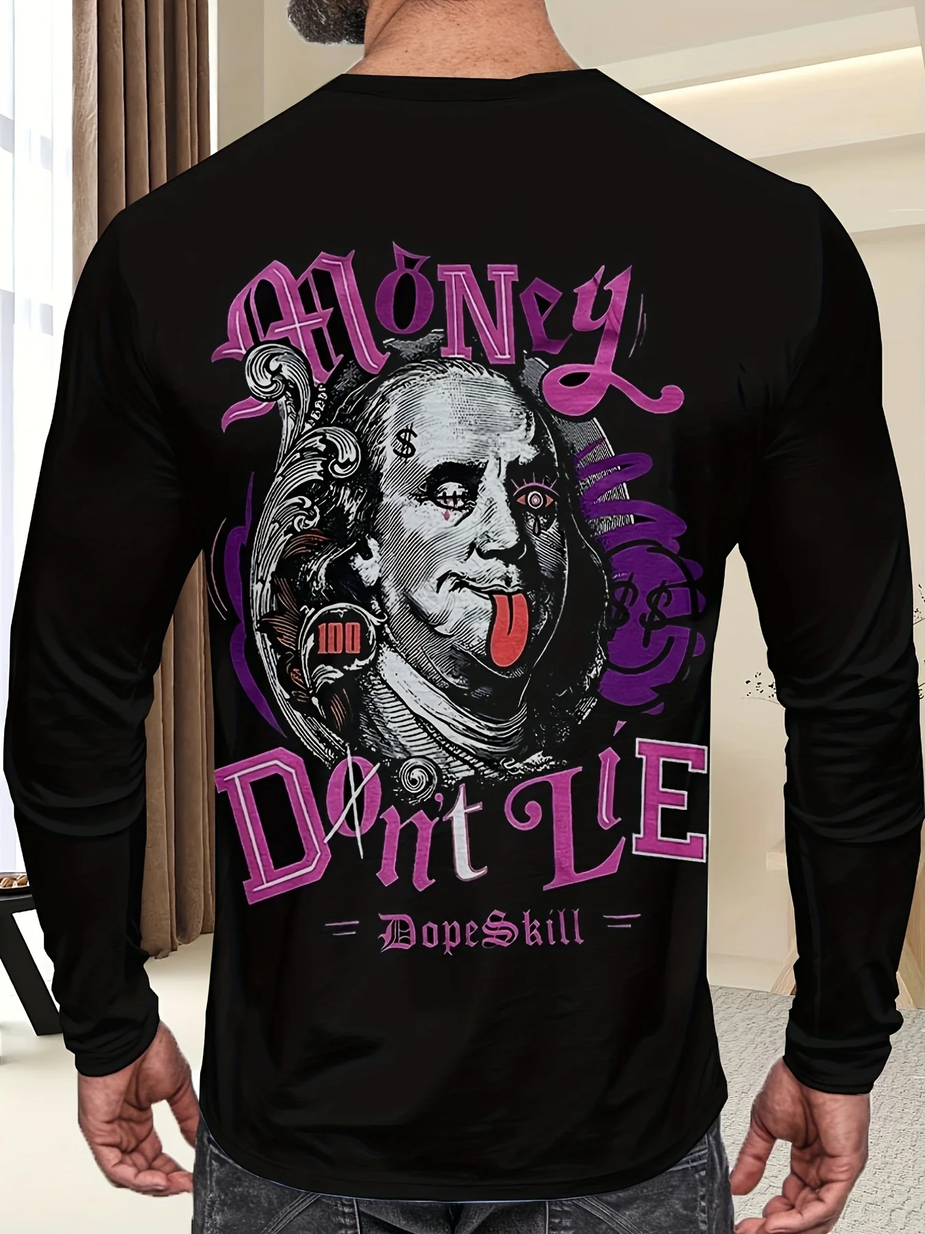 T-shirt da uomo a maniche lunghe stampata con motivo a dollari divertente, girocollo alla moda, comoda e traspirante per i viaggi quotidiani