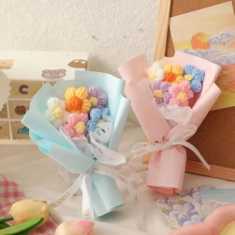 Mini ramo Puff de punto hecho a mano, ramos de flores, regalo de boda para invitados, flores artificiales coloridas, regalos del Día de San Valentín Flor