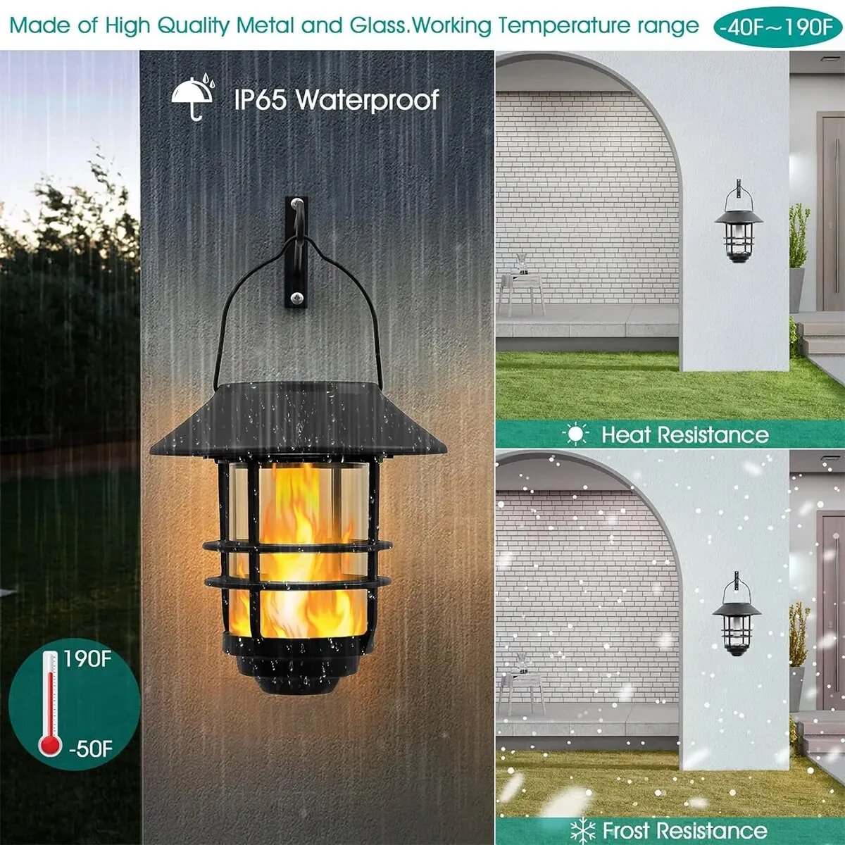 Lanterna pendurada solar inoxidável ao ar livre, Flickering Flames, Vidro pesado impermeável, Luz para Wall Fence, Pátio P, 1Pc