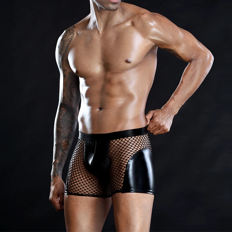 

Exotic Men Panies Sexy Mesh PU Leather Patchwork Boxer Shorts Novelty See Through Fishnet Clubwear Underpants Fetish Gay Panties