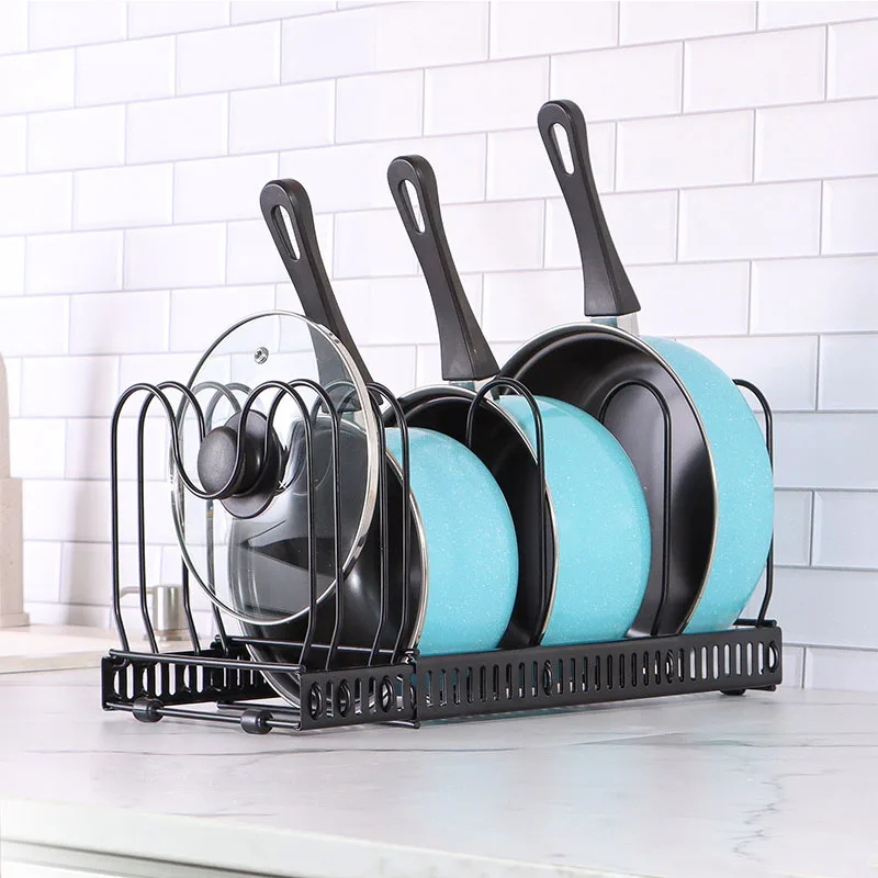 

Pots and Pans Organizer Rack Multi-function Iron Pot Cover Telescopic Holder Kitchen Countertop Cupboard Kitchen Ware Storage