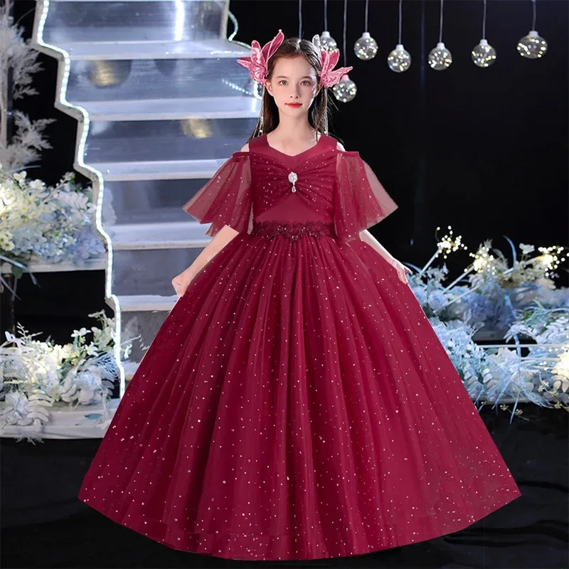 Brillant enfant en bas âge superbe petites grandes filles épaules dénudées paillettes princesse fleur fille fête d'anniversaire robe de concours longueur de plancher 551