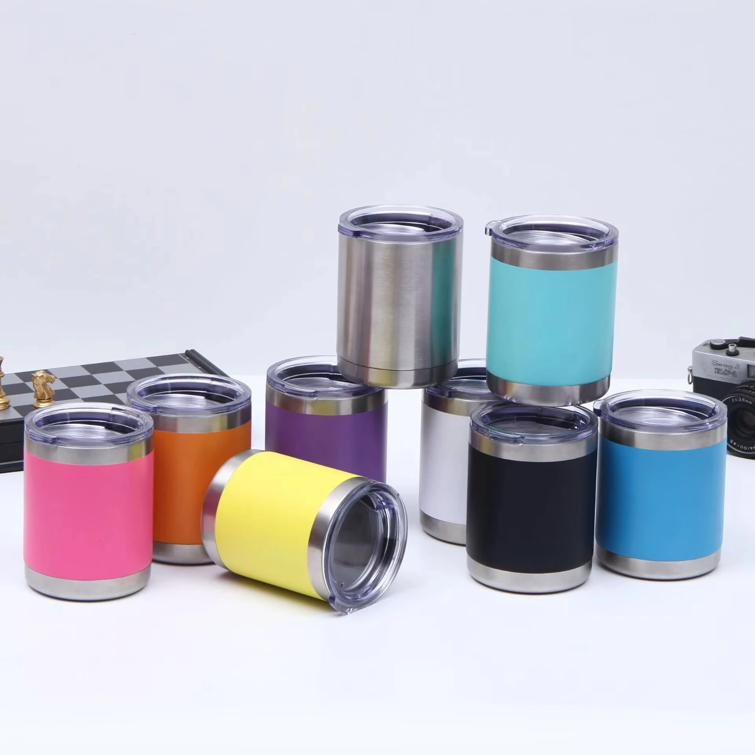 Reusable 10oz beer can cooler glasses stainless  termos holder thermal vacuum mini coffee travel mug  tumbler slider lid