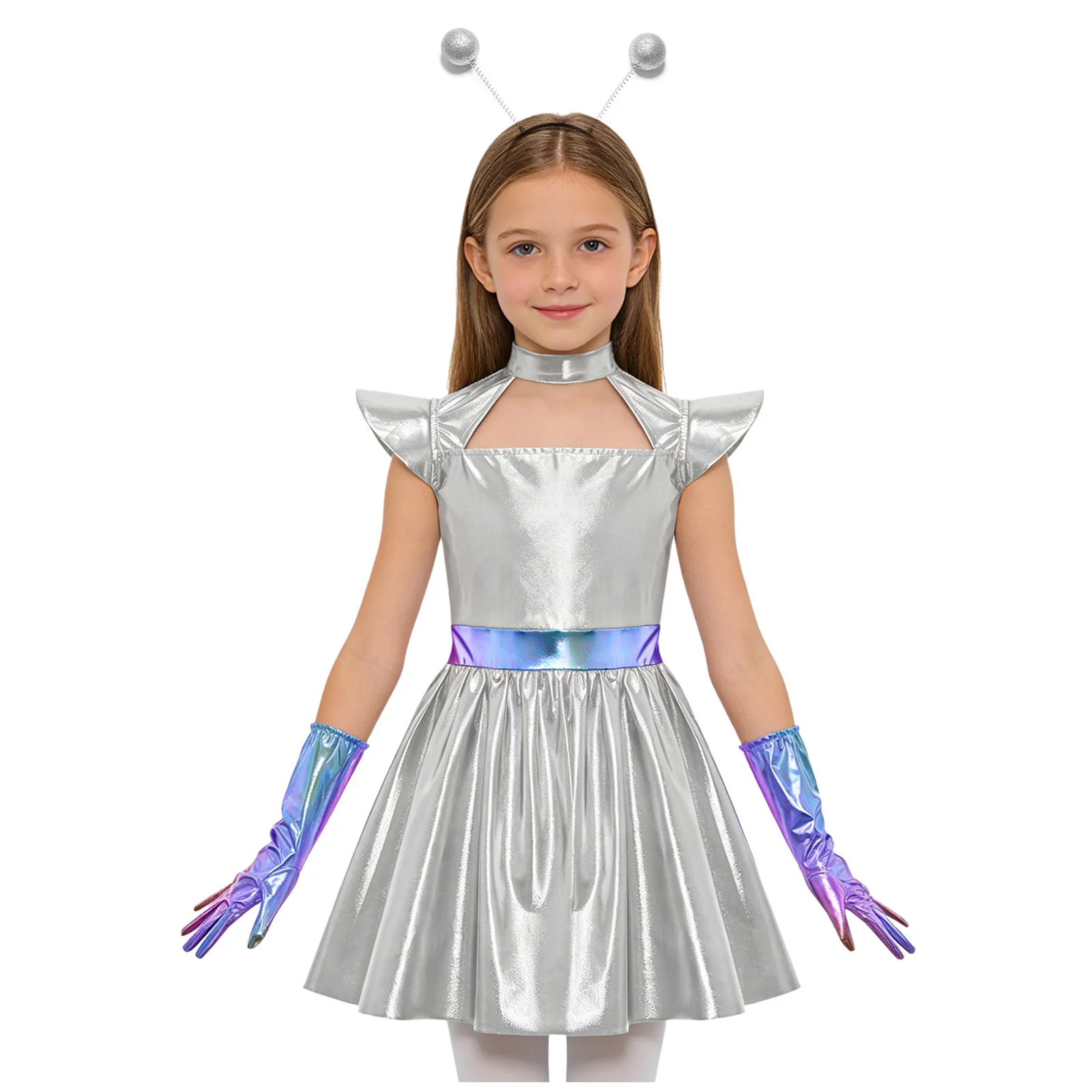 Girls Space Alien Costume 3 Piece Astronaut Cosplay Outfits Shiny Metallic Hollow Out Dress with Gloves and Hair Hoop Sets view 2
