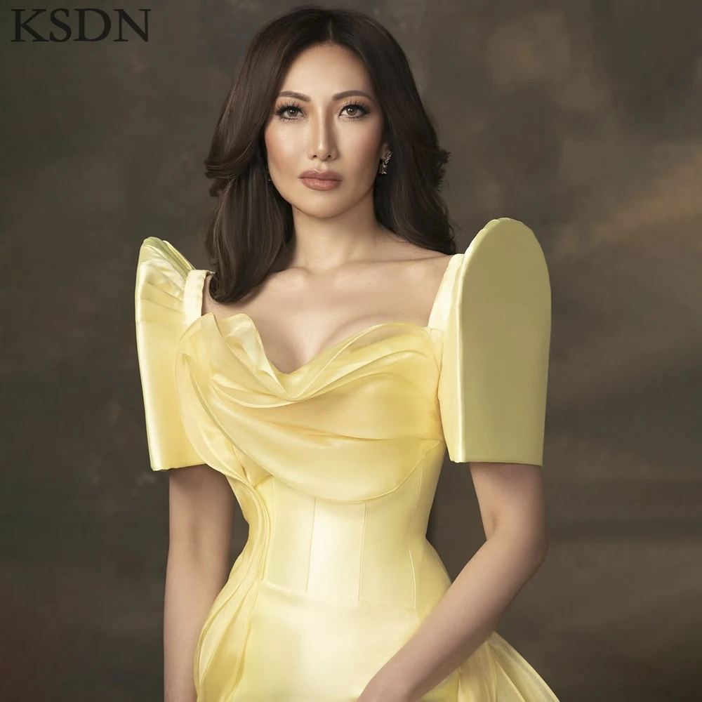 KSDN ชุดราตรีหรูหราโอกาสพิเศษคอเหลี่ยมแขนสั้นชุดรถไฟกวาดโอกาสพิเศษชุดผู้หญิงสวย